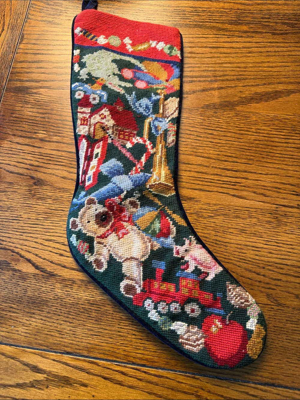 Whimsical Needlepoint Christmas Stocking Teddy Bear Train Toys Holiday Decor